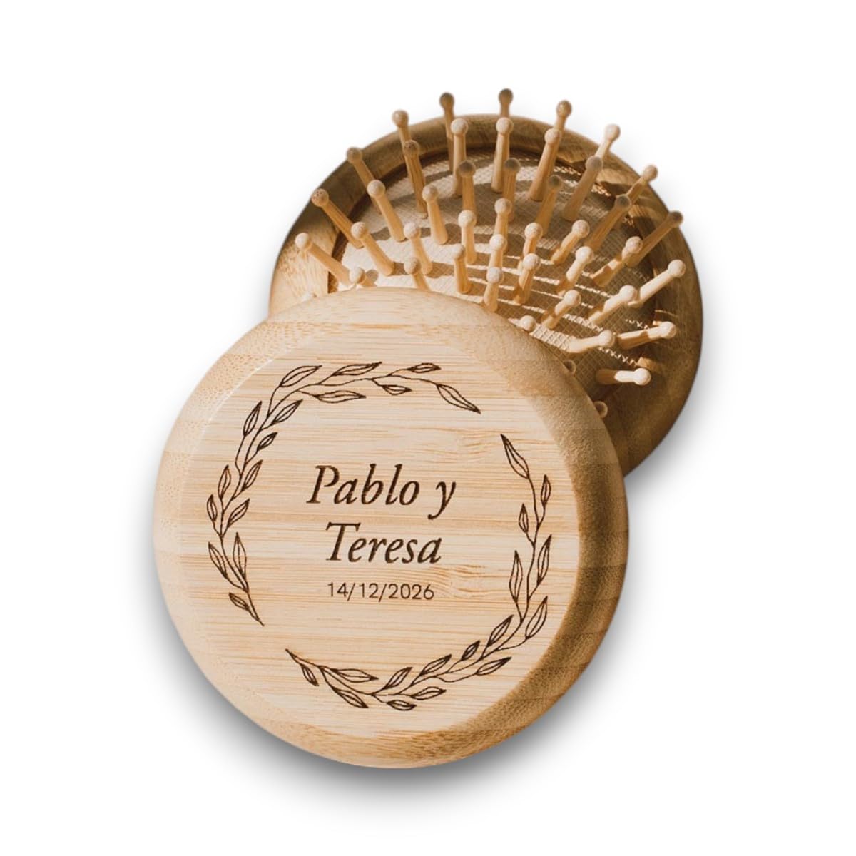 Peine madera natural con espejo personalizado boda – Pack de 15 Peines plegables con espejo de bolsillo, detalle invitados boda útil, regalo invitadas personalizado con nombre