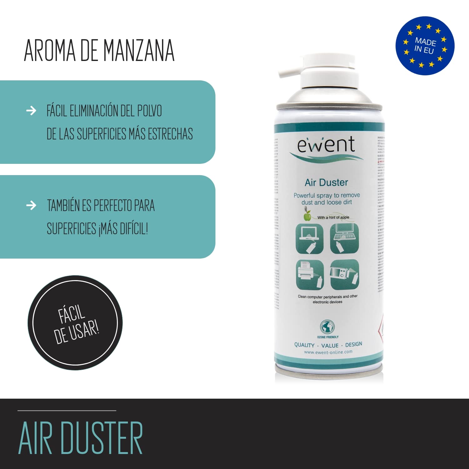 Ewent Lata de aire comprimido, aroma a manzana, 400ml limpieza de accesorios de PC teclados impresoras, televisores, cámaras y otros, spray de contacto tubo de extensión, el embalaje puede variar