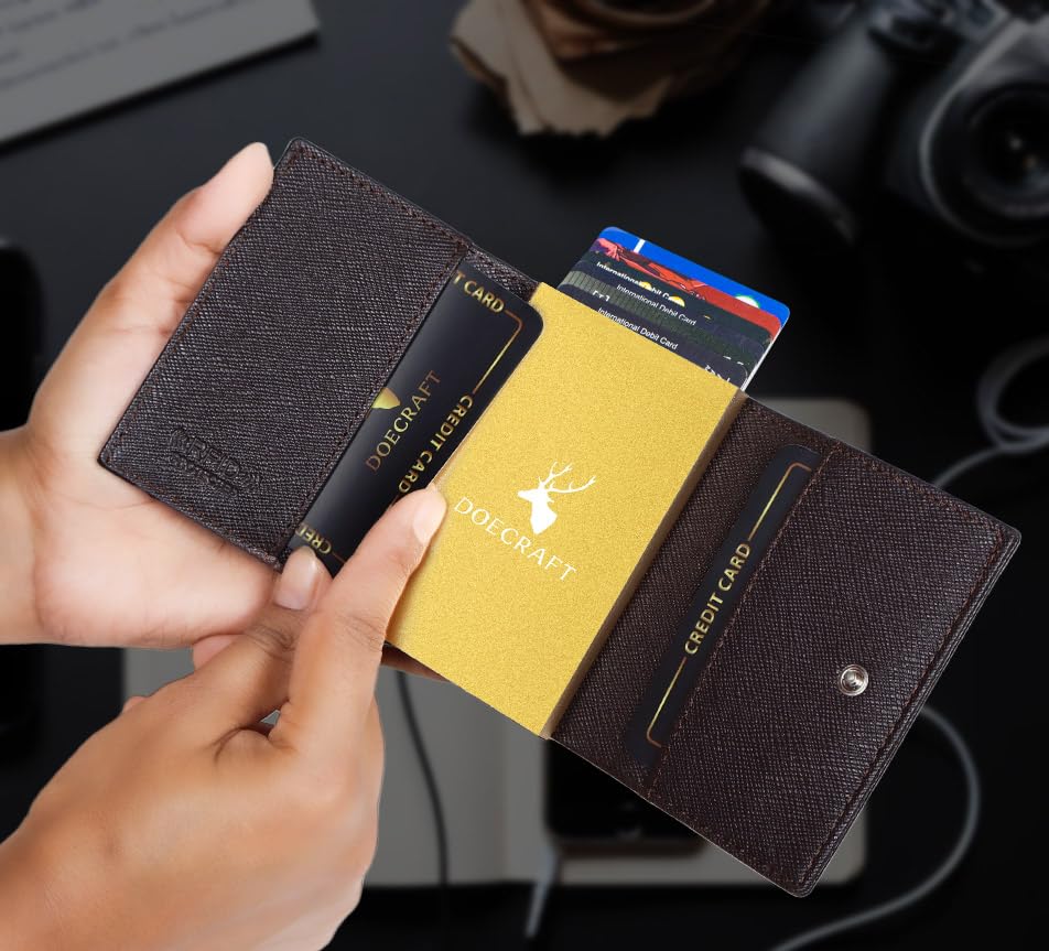 Image of Men's Genuine Leather RFID Wallet | Premium Slim Red Wallet for Men with Deer 3D Print | 8 Card Slots Secure and Durable | Casual Stylish | Formal & Gifting Use, Golden (SAFIANO /Brown)