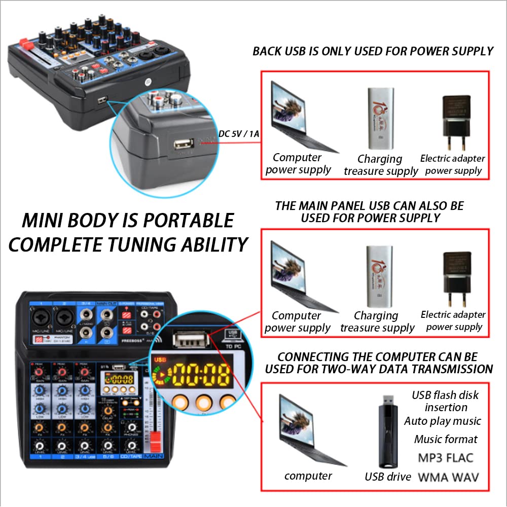 Mixer DJ a 6 canali, interfaccia audio per console USB/MP3/Bluetooth/DJ con interfaccia digitale 48 V Phantom Power Stereo per live streaming Youtube / PC / studio di registrazione / gaming