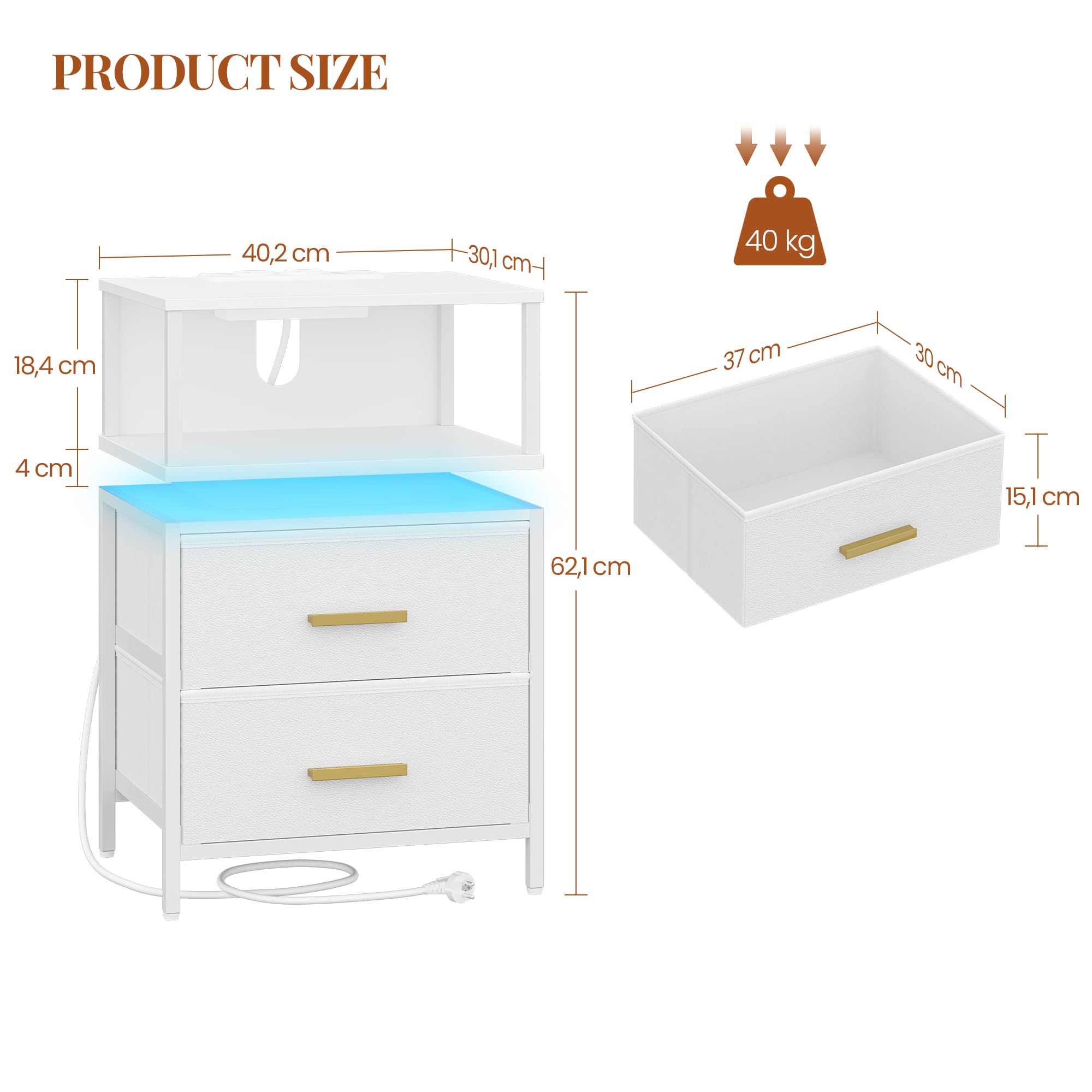 HEXCELEN Table de Chevet, Lot de 2, Table de Chevet Éclairée, 2 Tiroirs et Compartiment Ouvert, Tables d’appoint avec Ports USB et Prises, pour Chambre à Coucher, Salon, 30,1 x 40,2 x 62,1 cm Blanc