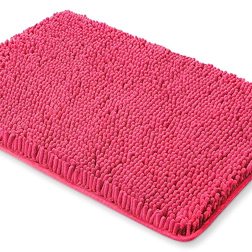 Yeaban Hot Pink Bathroom Rugs 17x24 Chenille Bath Mats Absorbent and Washable Bath Rug Non-Slip Extra Soft Rugs for Bathroom Floor Tub Shower and Sink