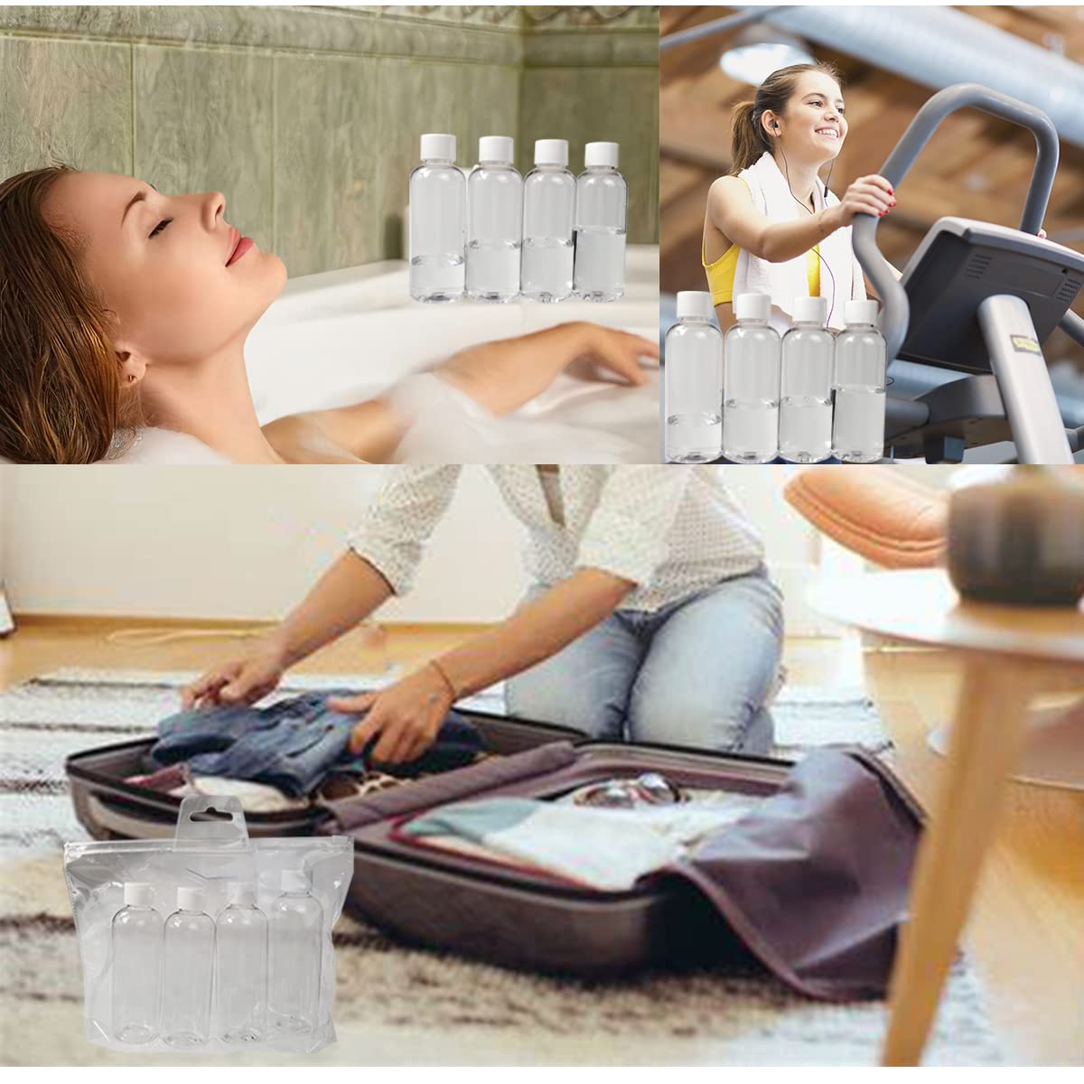 Bottiglie da viaggio da 4 pezzi, 100 ml Bottiglie da viaggio in plastica vuote ricaricabili con coperchi a vite per articoli da toeletta, sapone, shampoo e balsamo
