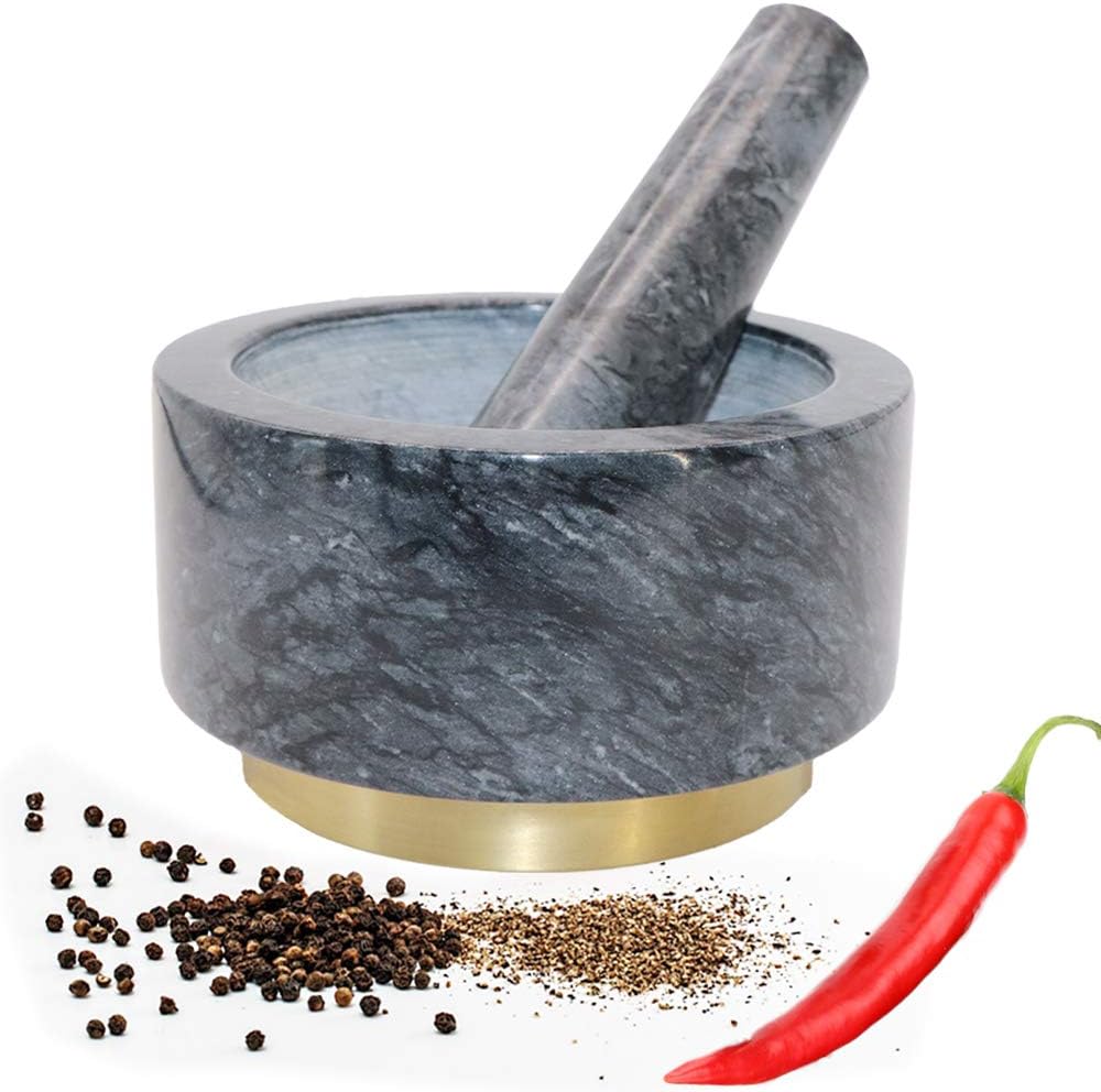Running Bulls Mortar and Pestle Set - Premium Solid Granite/Copper Base/Organic Appearance Black/Polished Stone Mortar Grinder for Guacamole Herbs Spice Garlic Ginger Root - 14cm(5.5") Diameter
