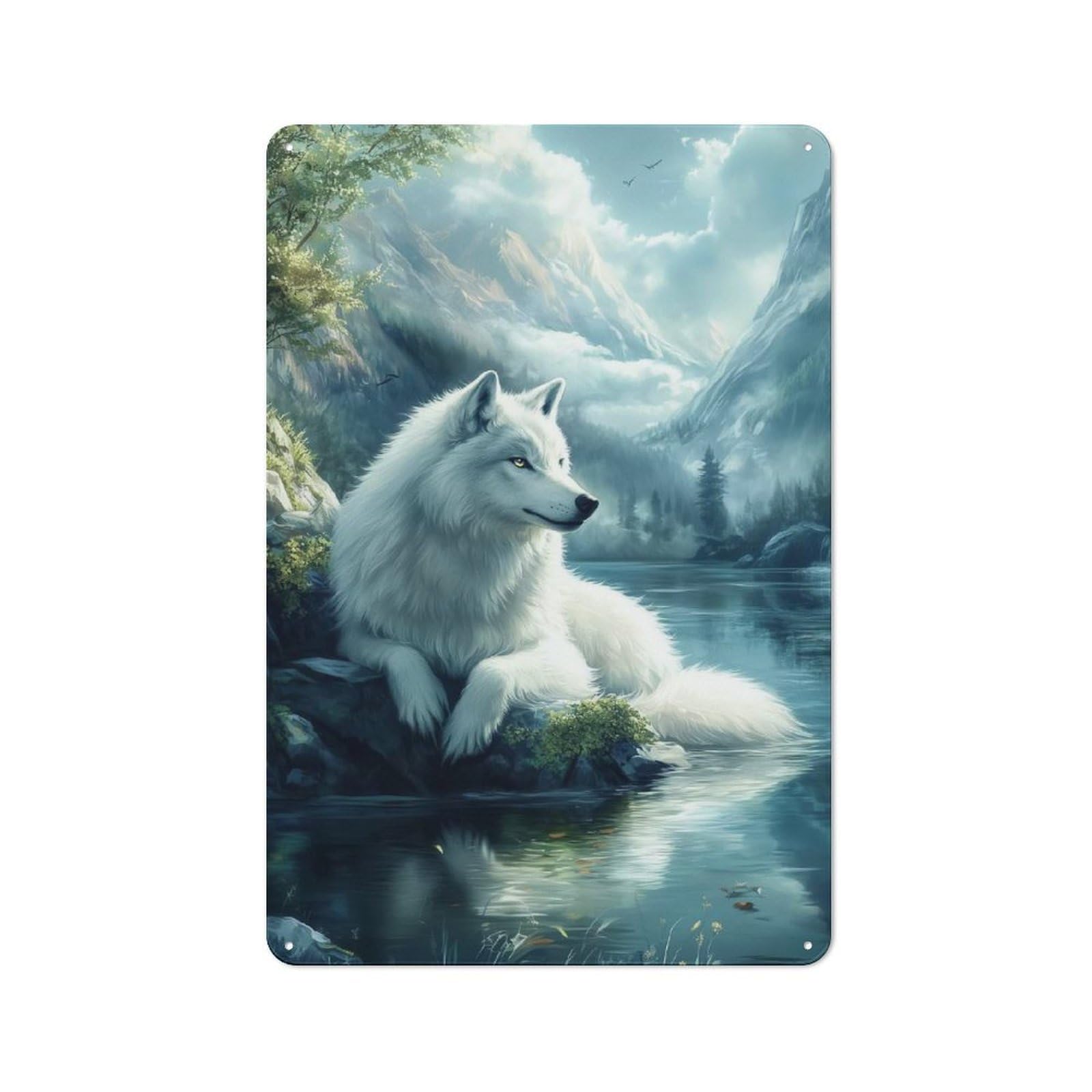 Junmoney White Wolf By The Lake Metal Plaque 30X20cm With For Pub Or Café, Rustic Decor, For Pub Decor Enthusiasts