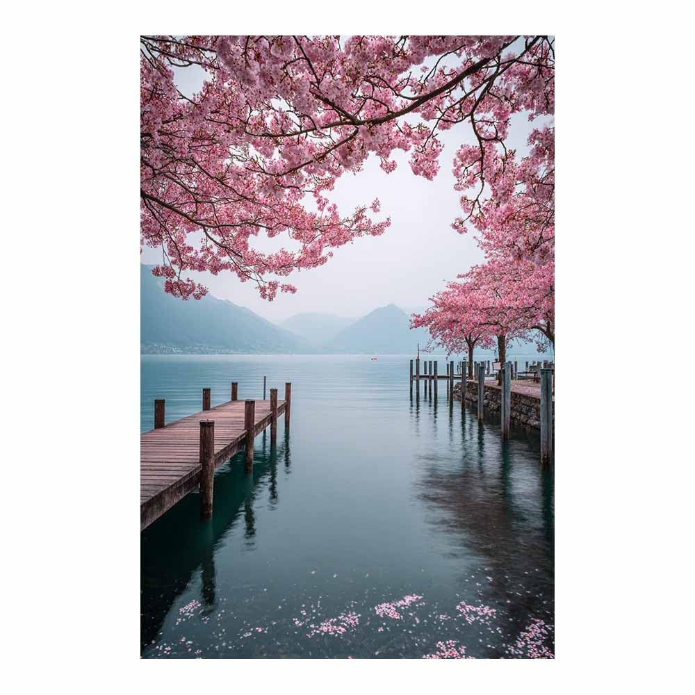 XENIOU landscape poster Cherries Blossoms Lake Docks artwork, wall decoration Living Room Bedroom Hallway Stairs Decoration(Multicolor)-40x60cm Unframed
