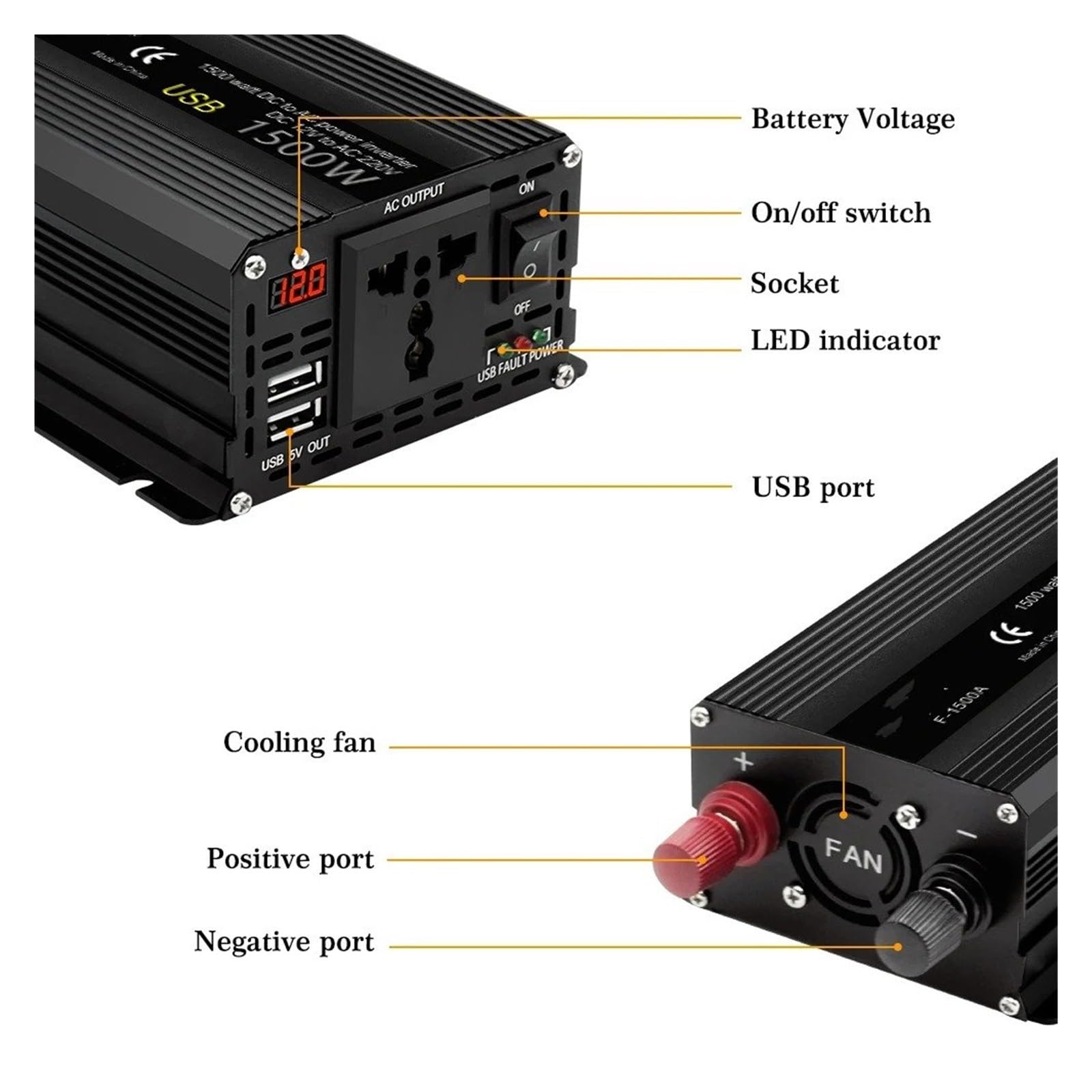 Inversor Corriente Universal para Coche 50 Hz 60 Hz 1500 W 2000 W 2600 W CC 12 V A CA 220 V Adaptador Batería Convertidor(24V,2000W Black 2,Universal 50Hz)