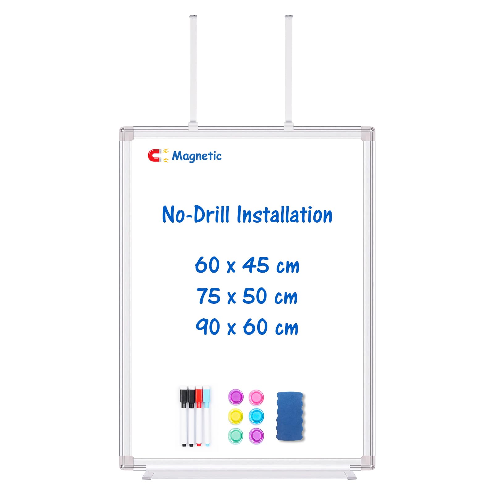 maxtek Whiteboard for Over Door, 60 x 45 cm Magnetic Small White Board with Adjustable Long Arm Hook Mount - Easy to Install, Portable Wipe Board for Home, Dorm, Office Cubicle, Small Spaces