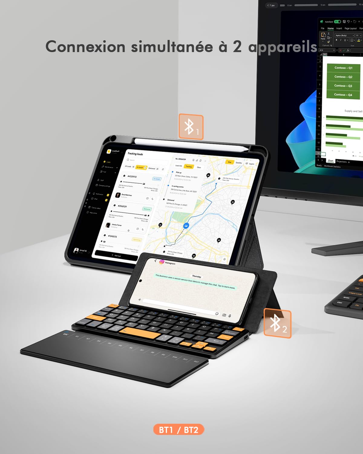 Doohoeek Clavier Mini sans Fil avec Pavé Tactile, Pliable, Double Bluetooth avec Support pour iPhone, iPad Mini, Samsung Z Fold – Compatible iOS, Android, Windows – Orange & Noir
