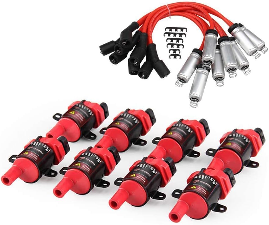 High Performance 8 Pack D585 Ignition Coil With 748UU 8mm Spark Plug Wires Set Compatible with 12622553 12656210 Chevrolet GMC CADILLAC 4.8L 5.3L 5.7L 6.0L fits C1251 UF262, Red