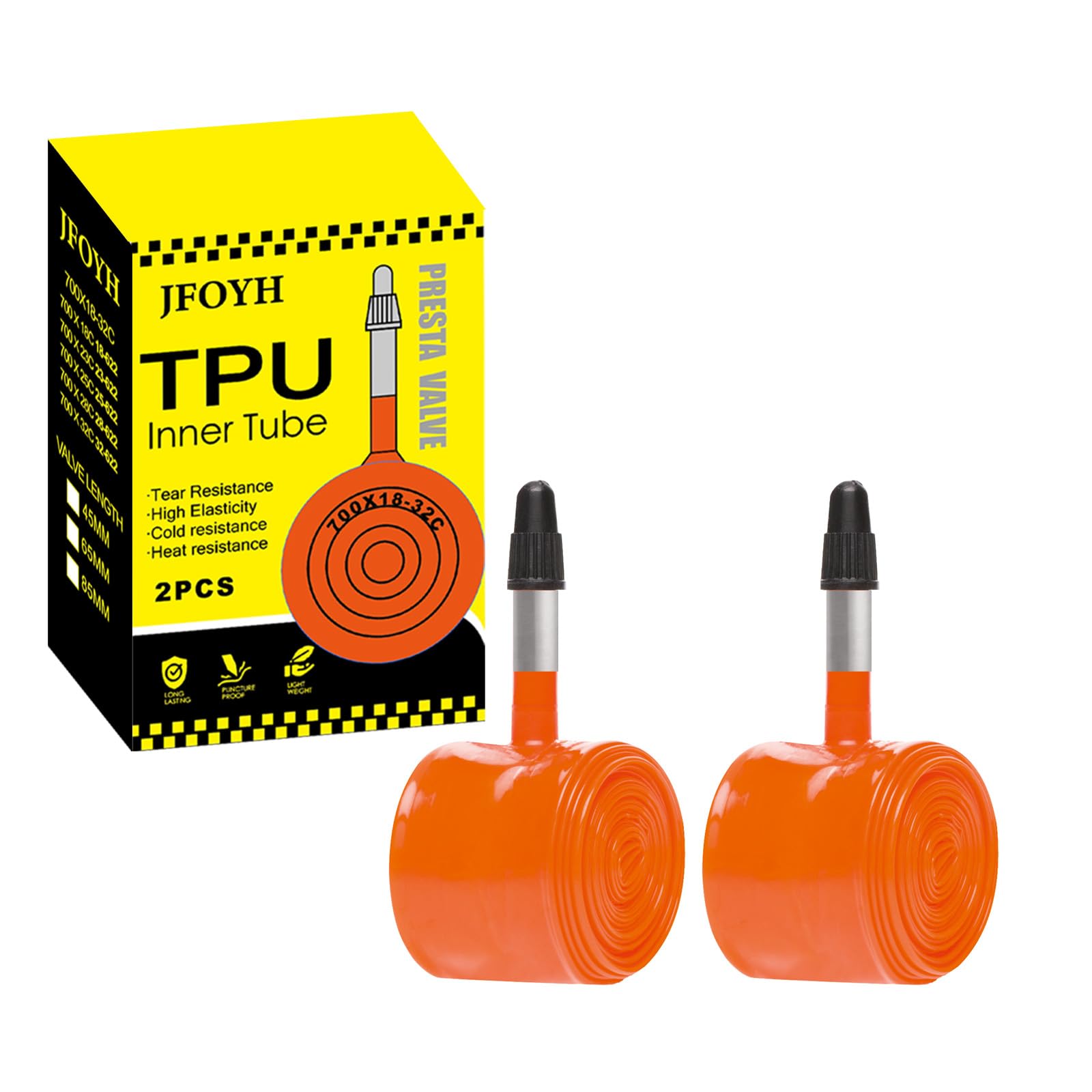 JFOYH TPU Road Bike Inner Tube 700C x 18–32, 2-Pack Ultralight Bicycle Tube with 45mm / 65mm / 85mm Presta Valve, Compatible with Road & Gravel Bikes