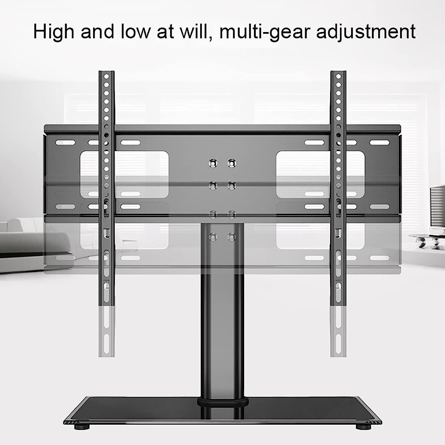 Tablero de mesa, 3 niveles de altura ajustable, base de vidrio templado resistente, base de TV de mesa para pantalla LED de 37 a 55 pulgadas, soporte de TV de hasta 50 kg