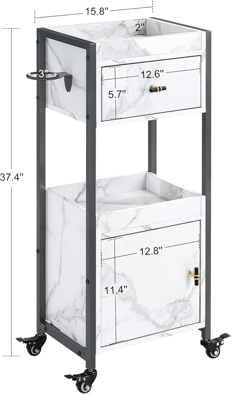BarberPub Salon Rolling Trolley Cart with Drawer&Dryer Holder, Beauty Barber Marbling Textured Mobile Storage Organizer, Hair Stylist Cabinet Station with Wheels 2477 (Gun-Grey)