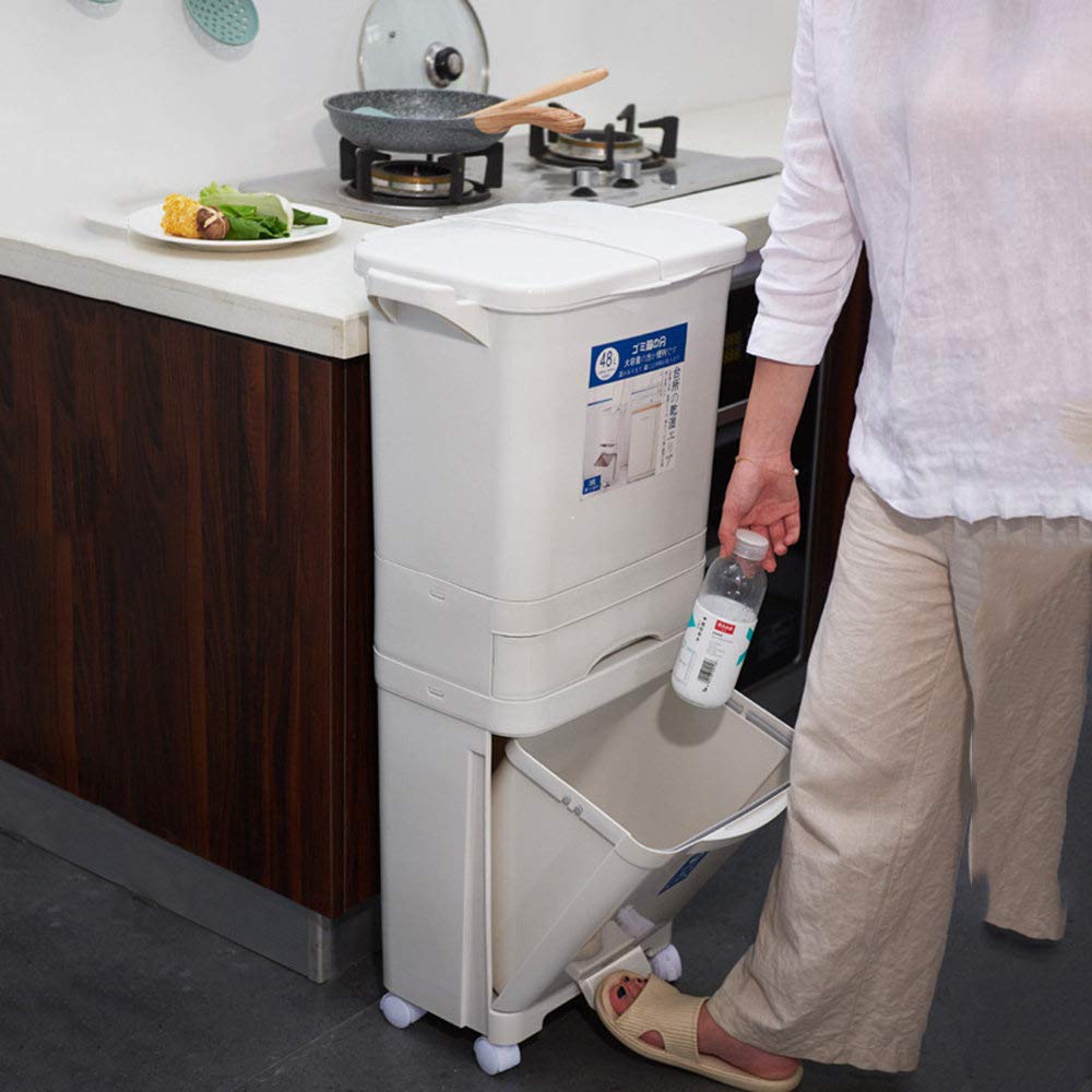 ISOISL Cubo De Basura De Cocina Con 3 Compartimentos, 42 L, Para Cocina En Seco Y Húmedo, Con Tapa, Con Tapa Sobre Ruedas, Para Cocina, Apartamento, Oficina, Color Blanco