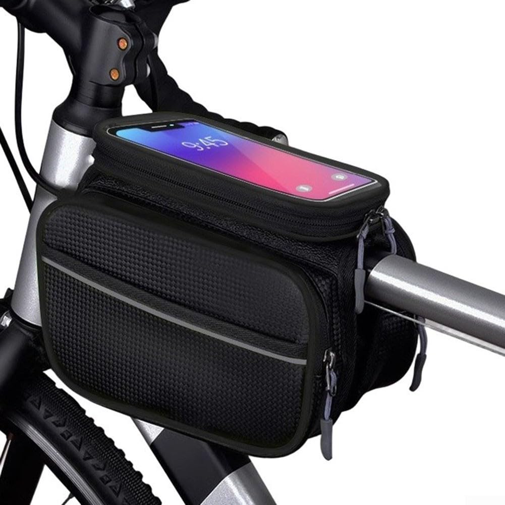 Dolvitrny Bicycle Front Frame Bag Waterproof Phone Holder Cycling Touchscreen Bike Pouch MTB Large Capacity Storage for-Universal Case(black 2)