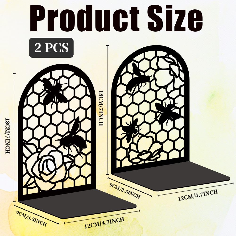 Schwarze Metall-Buchstützen für Regale, Dekoration, Bienen, robuste Buchstützen für Buchstützen, Vintage-Blumen-Buchstopper für Büro, Buchhalter, Regal-Zubehör, einzigartig, 17,8 x 11,9 x
