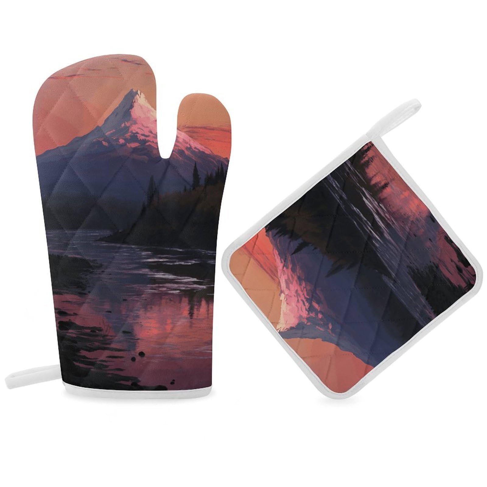 Sunset Landscape Mountains Lake Oven Mitt Thick Substantial Heat Insulation Gloves Soft Skin-Friendly Temperature Resistant Oven Mitts for Cooking Lover Cooks