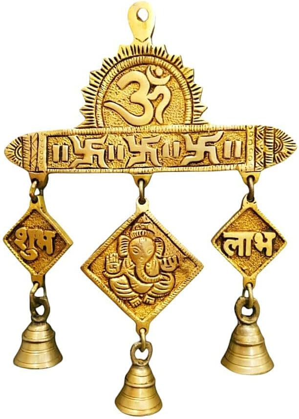 Generic Brass Hanging Bells, Traditional Hindu Design, White, Large, Decorative, Religious Theme, Chain Mount Wall Decor, 12 x 6 x 2 Inches