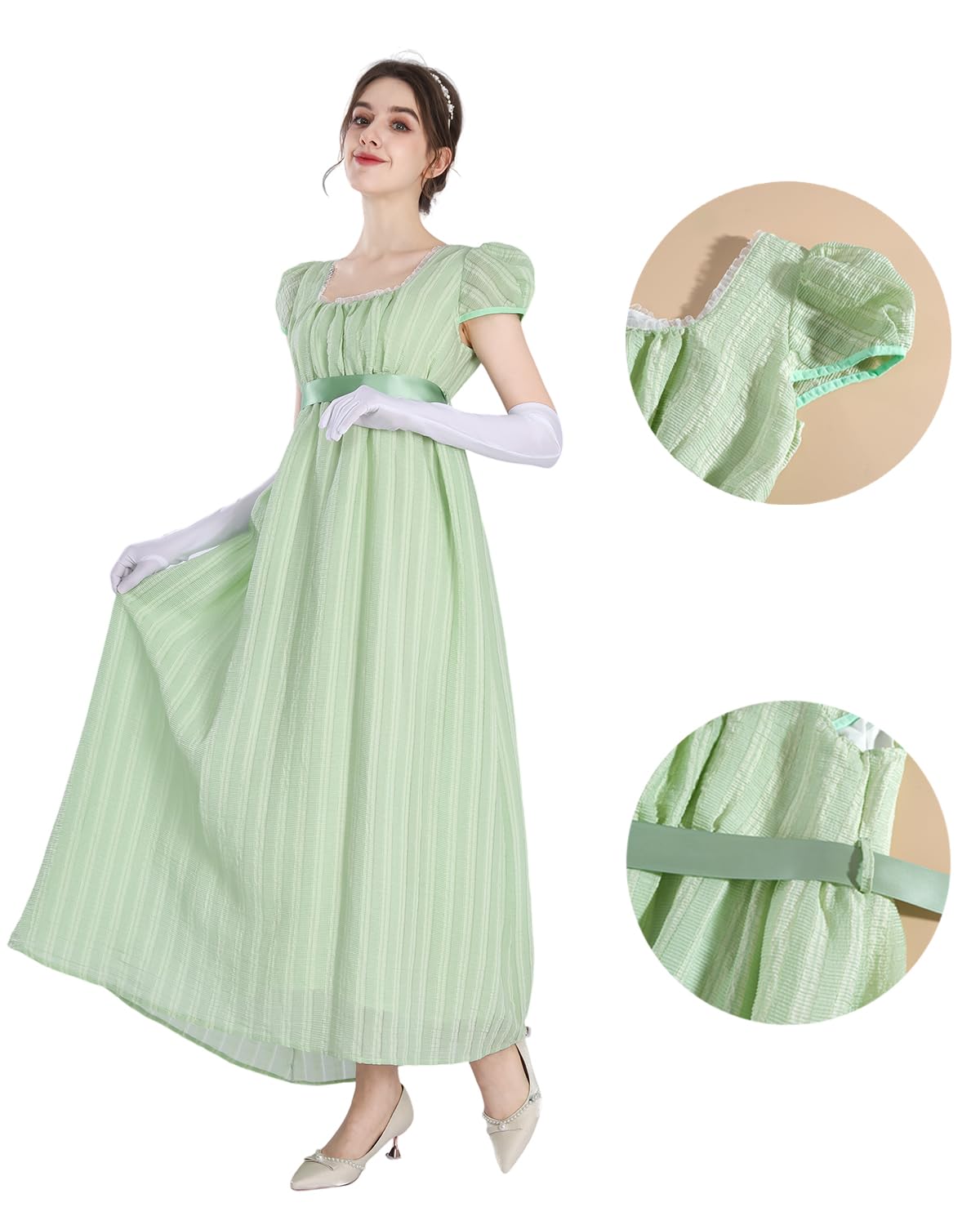 CR ROLECOS Abito da donna Regency Vittoriana Jane Austen Abito Lungo Vintage Vittoriano Regency Era Abito da Sfera con Guanti Empire