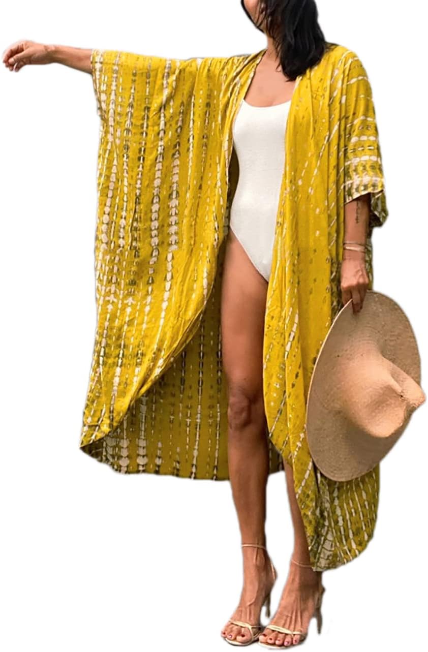 Bsubseach Stylish Tie Dye Open Front Long Kimono Swimsuit Cover Up for Women Swimwear Cover Ups