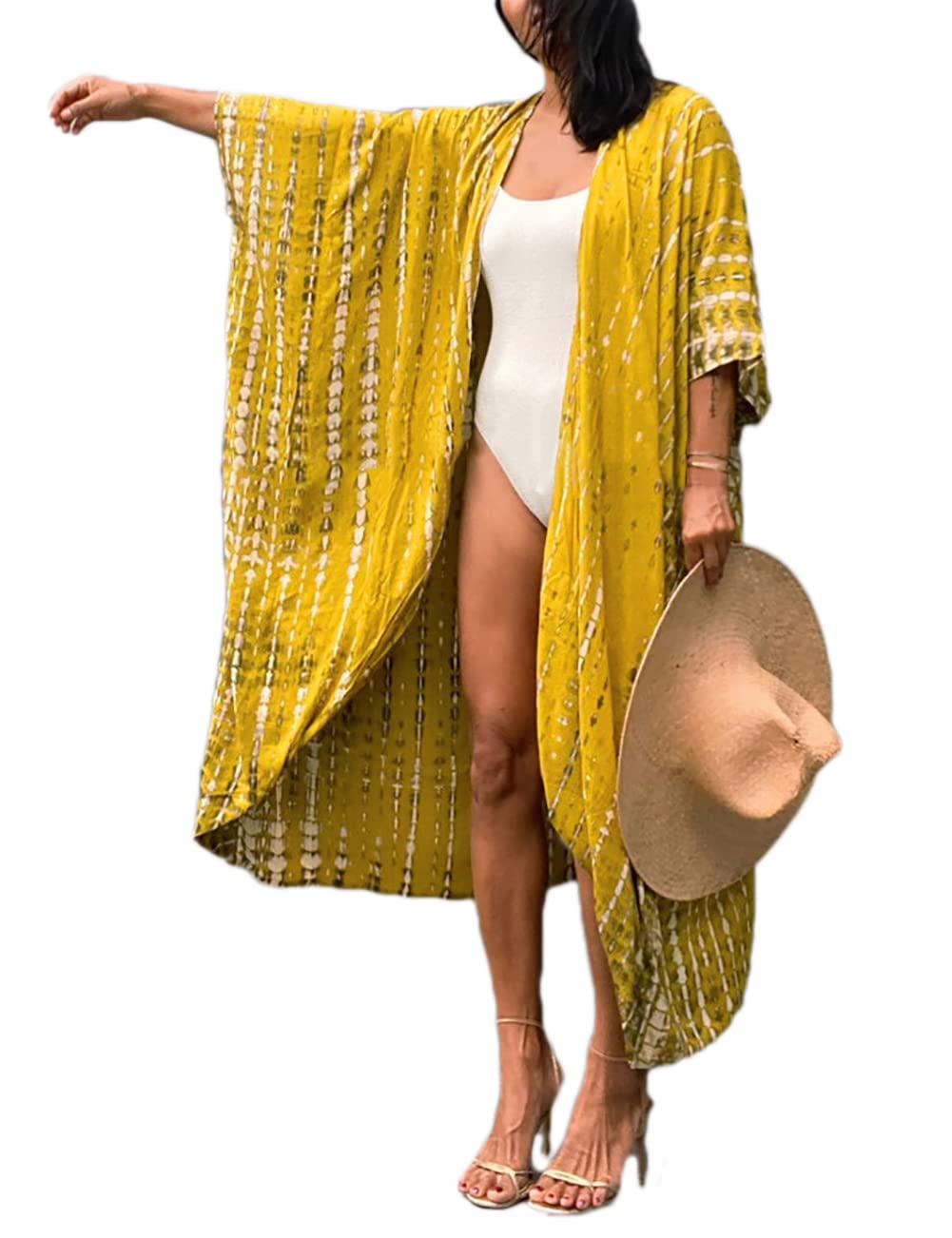 BsubseachStylish Tie Dye Open Front Long Kimono Swimsuit Cover up for Women