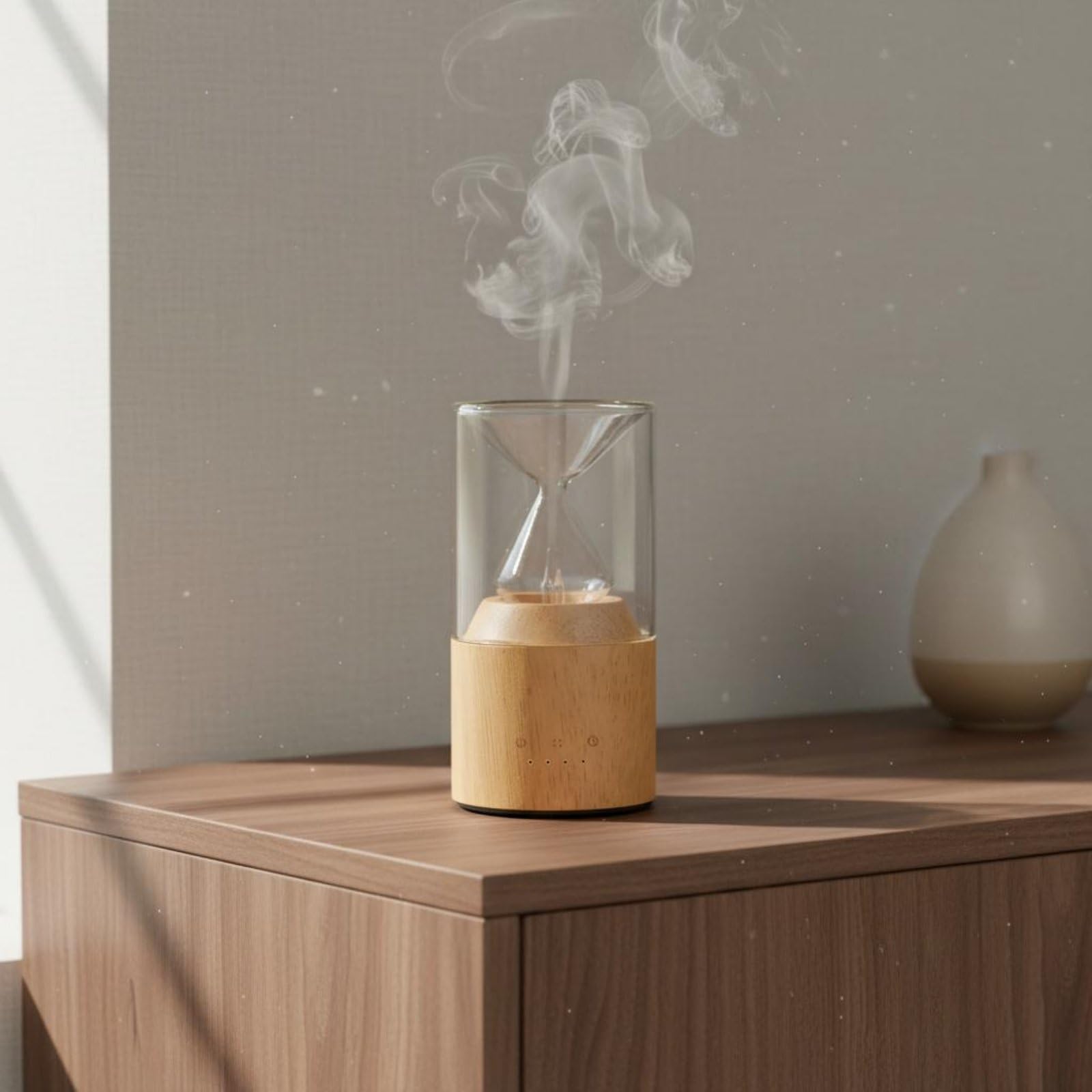 Aroma Nebulizzatore Diffusore Umidificatore Vaporizzatore con Diffusione Rapida 11-20㎡ Tecnologia a Freddo Senza Acqua Vetro E Legno di Pregio Luce a, Verde, Base Scura+Batteria