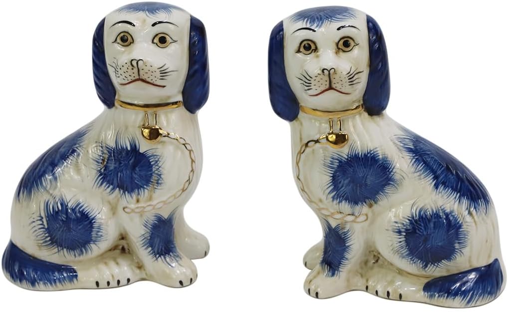 Collection 6" Foo Dog Figurine Vintage Blue Porcelain Home Decoration Handpainted Ceramic Dog Animal Statue Home Decoration for Desktop, Home, or Office, Set of 2