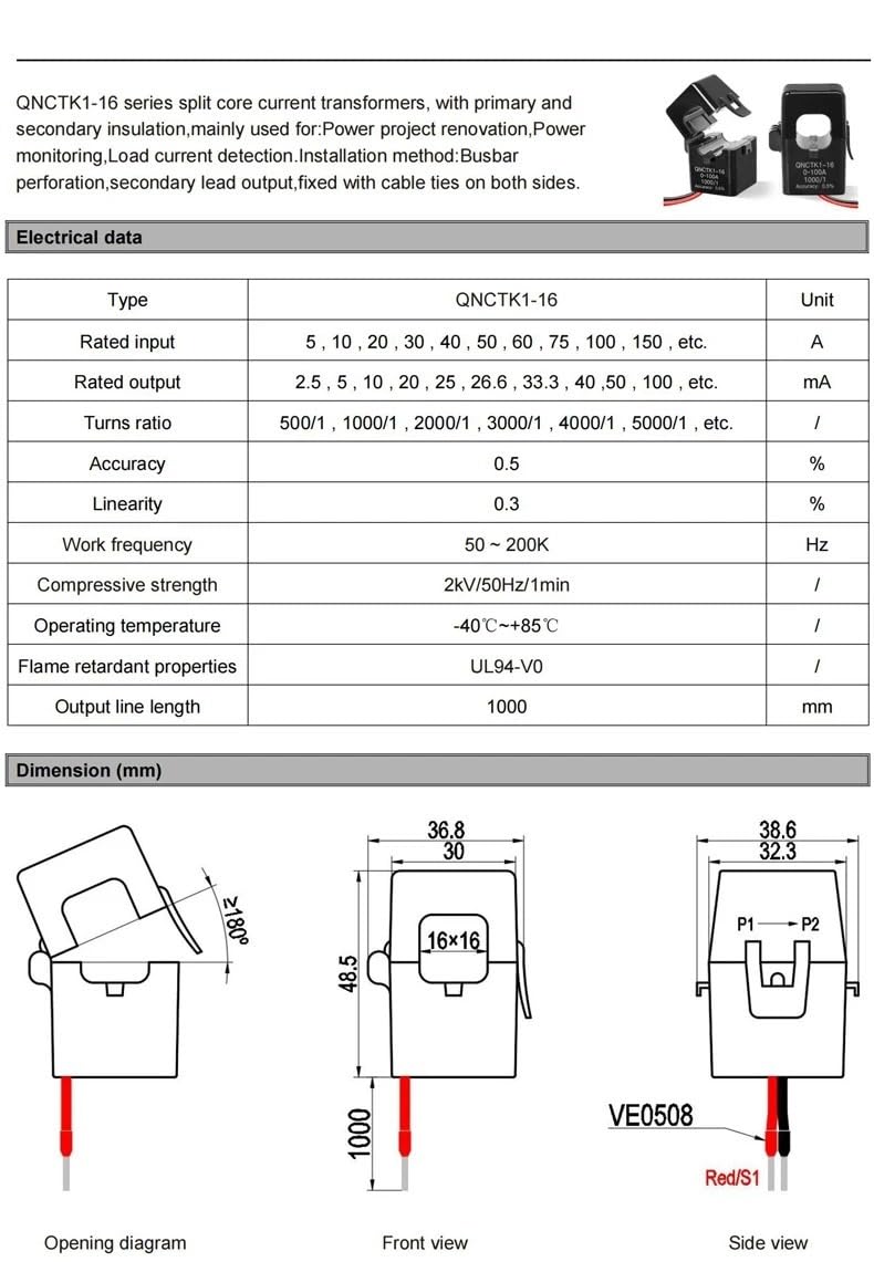 Ct Current QNCTK1-16 100A 50mA 50A 25mA 100A 40mA 50A 20mA Open Current Sensor Split core Current(QNCTK1-10 50A-20mA)