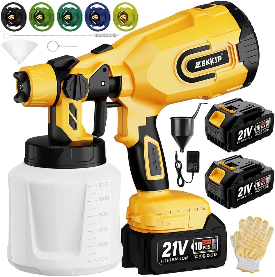 Cordless HVLP Paint Sprayer Gun with Battery (2 x 4000mAh) and 5 Nozzles
