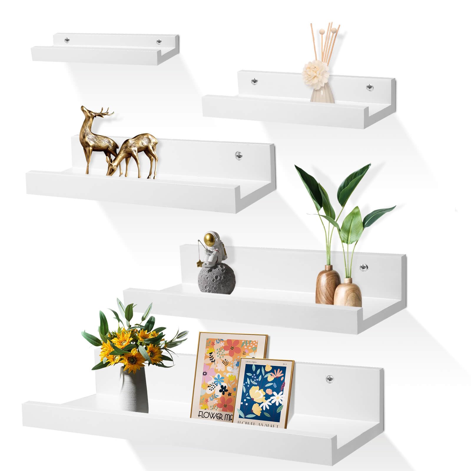 Estantería de Pared, Juego de 5 Estanteria Pared Blanca, Baldas Flotantes de Madera,12 Tornillos incluidos, múltiples disposiciones, para Sala de Estar, Estudio, baño, Cocina, Oficina