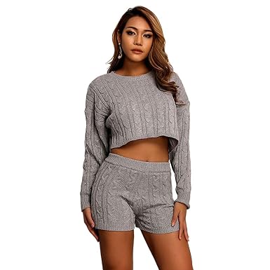 Buy Womens Cable Knitted Short Lounge Set Crop Top High Waist Shorts Warm Co -ord Set Grey at Amazon.in