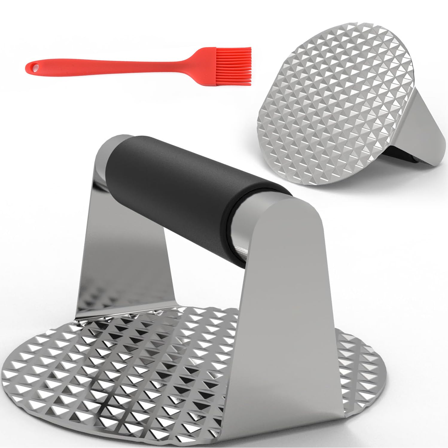 AngjuStainless Steel Smash Burger Press with Anti-Scald Handle + Silicone Basting Brush for Cooking - Ground Beef Smasher to Perfectly Make Flat Hamburger Patty- Grill Tool