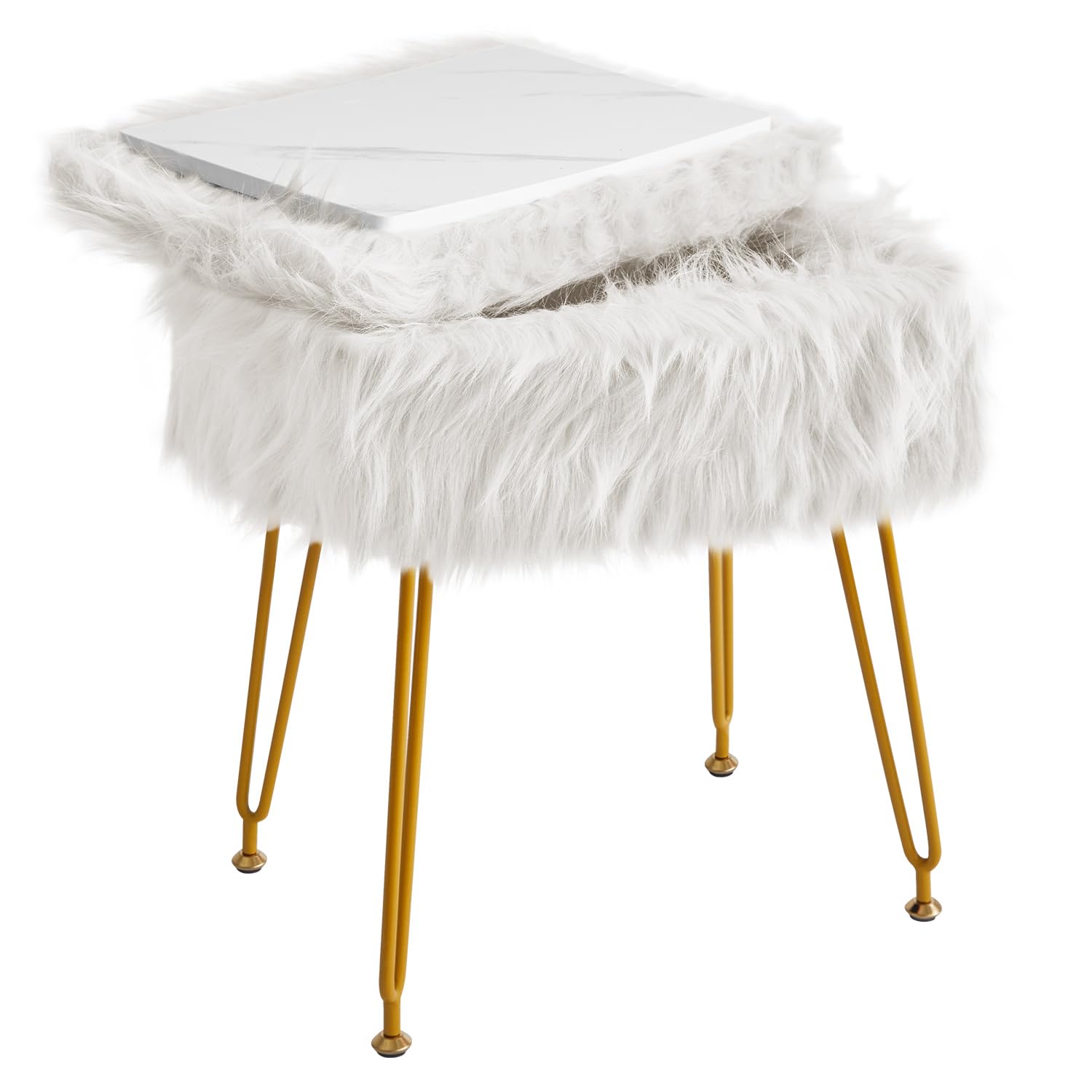 IBUYKE Rectangular Faux Fur Vanity Stool con Almacenamiento, Silla de Maquillaje Peluda otomana, Asiento Acolchado Suave, reposapiés Redondo con 4 Patas de Metal, Blanco WBD022W