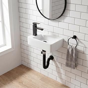 White Wall Mounted Ceramic Bathroom Sink, 7" x 14" Rectangle Floating Porcelain Vessel Sink with Black Faucet and Pop up drain Set for Small Bathroom, Left Hand