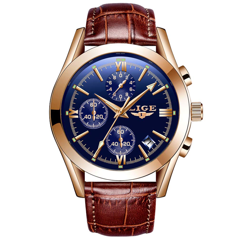 LIGE Watch for Men Chronograph Genuine Brown Leather Strap Rose Gold Case Blue Dial with Date, Luminous Hand Analog Watches for Men | Gifty for Men (B07B8X6ZSM) Amazon Price History, Amazon Price Tracker