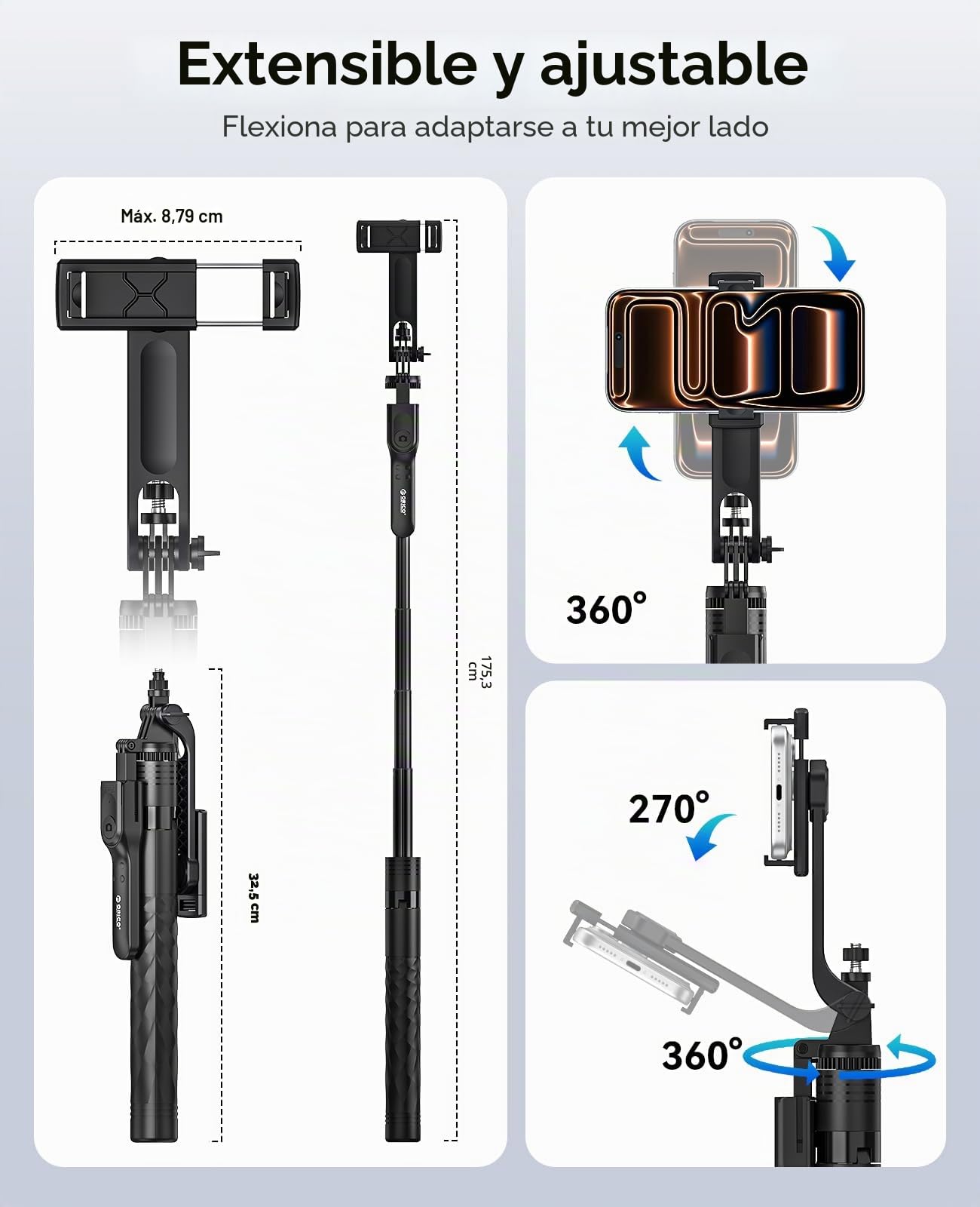 ORICO 175cm Trípode para Movil/iPhone, Palo Selfie con Mando Extraíble, Soporte para Móvil Giratorio e Inclinable 360°, Varilla Telescópica de Aluminio para Selfies Grupales y Vlogging