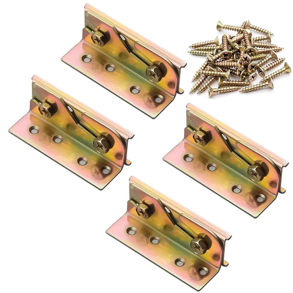 XURKEJI Bed Hinge Rail Brackets, Suspension Connecting Fittings Joiner Hooks Fastener for Bed Frame Metal Yellow Chromed (4, L-Shaped)