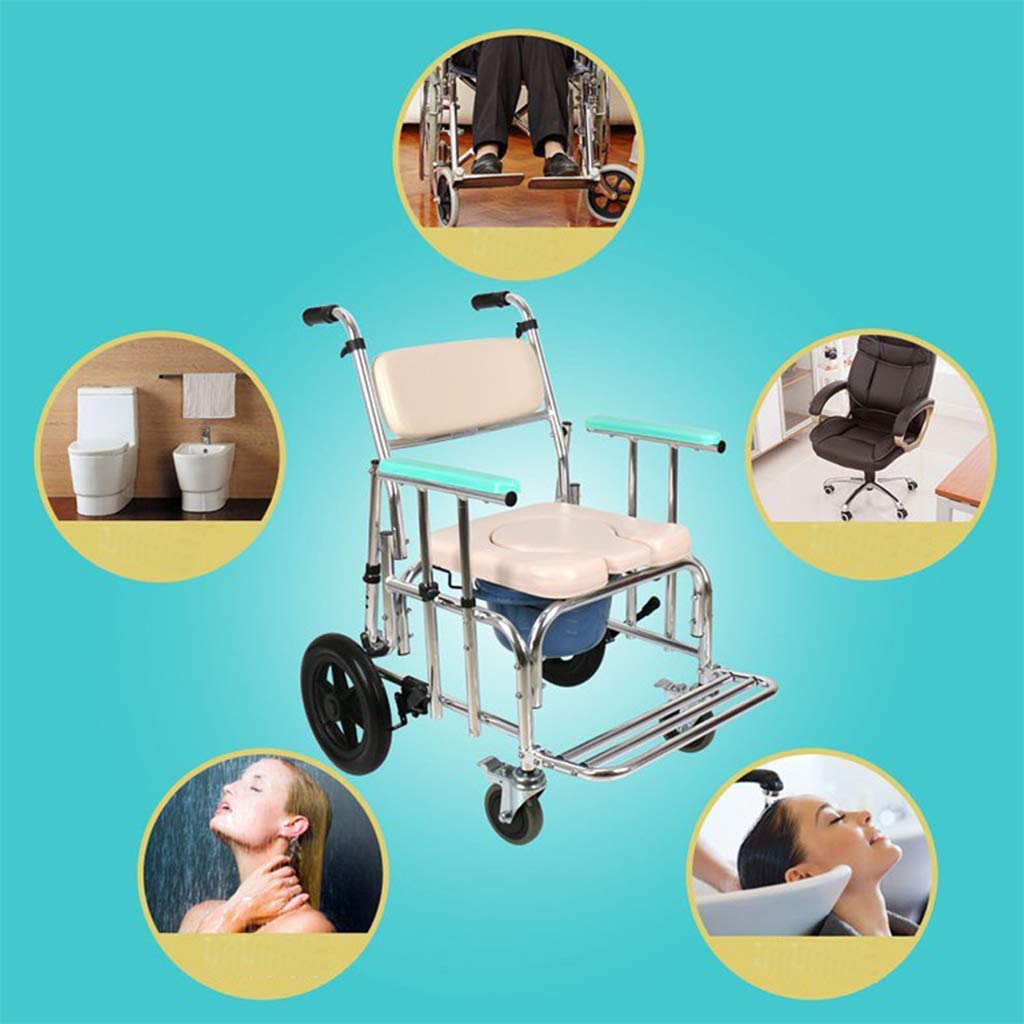 Krzesło toaletowe Commode, składane krzesło toaletowe Bedside Commode dla seniorów z kółkami Regulowane oparcie/osłona przeciwbryzgowa/schowek/pokrywa Solidne i łatwe w montażu