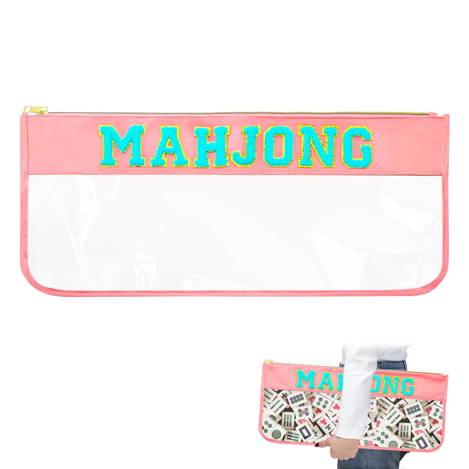 HINGTAI American Mahjong Bag - Transparent Case Tile Holder Rack Bag with Gold Zipper for Tiles Storage, Clear Mahjong Gifts Accessories Storage Pouch Travel, Case Only