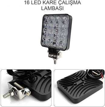 16 LED Kare Çalışma Lambası, 12 Volt, Off Road Sis Farı, Siyah