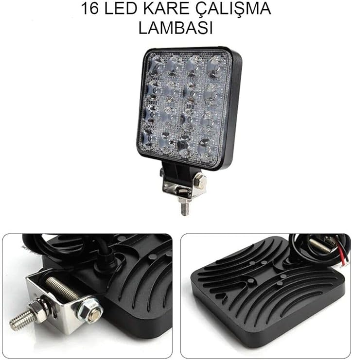 16 LED Kare Çalışma Lambası, 12 Volt, Off Road Sis Farı, Siyah