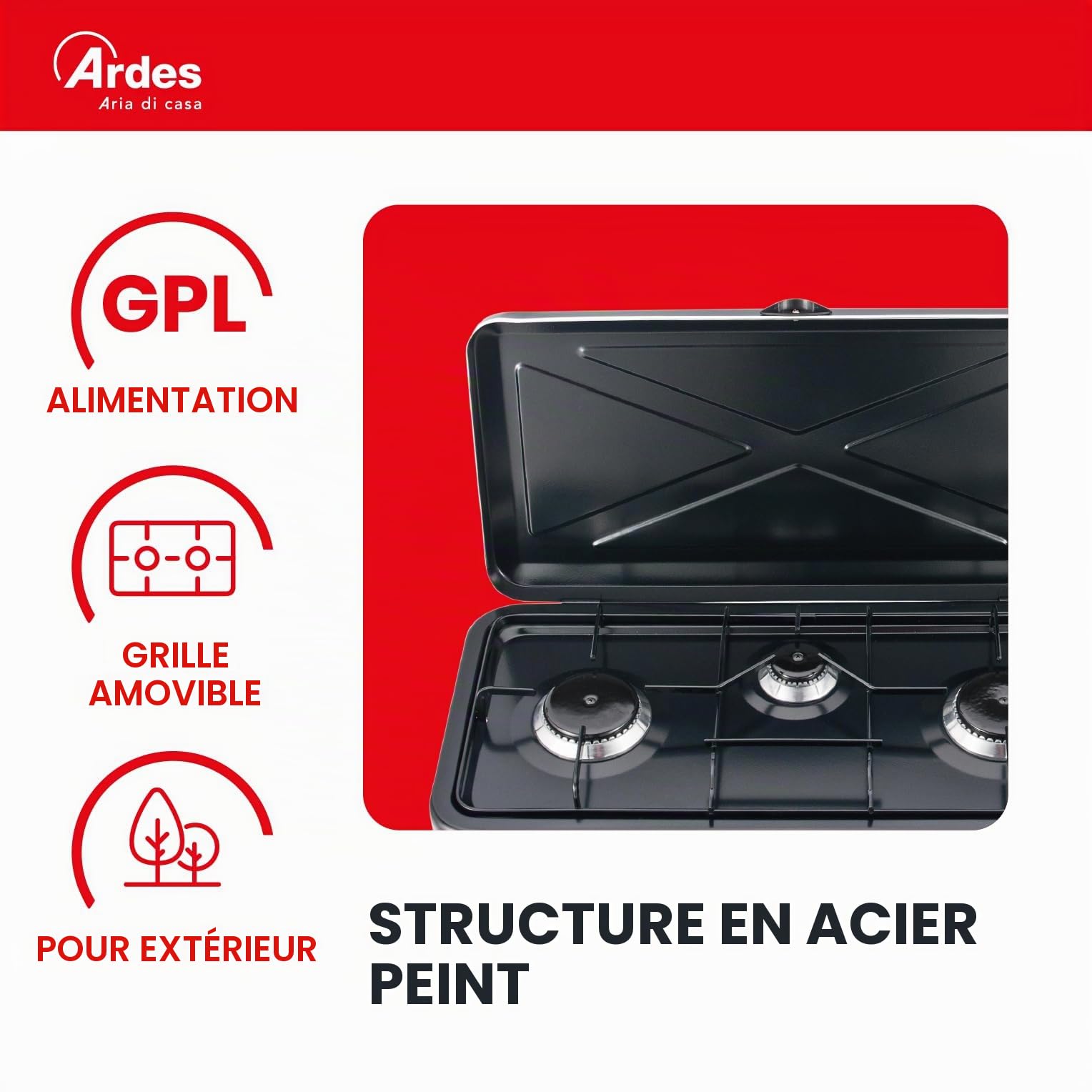 ARDES - AR1FG03 Cuisinière à gaz d'extérieur GPL Portable pour le camping 3 brûleurs avec couvercle en acier peint en noir - Classe d'efficacité énergétique A+++
