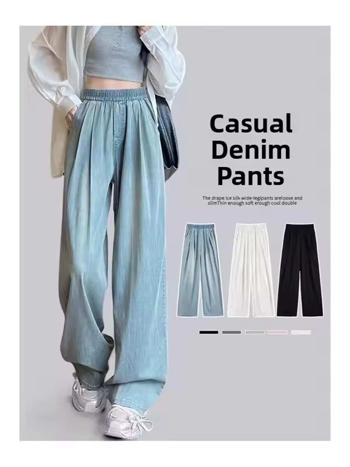 Jeans décontractés pour Femmes à Taille élastique, Jambes Larges, en Denim Doux et léger, Pantalons d'automne, Style Paresseux