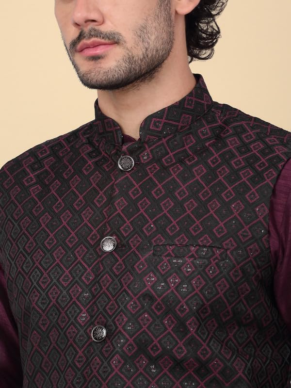 Image of KRAFT INDIA Men's Embroidered Sequins Jacquard Nehru Jacket