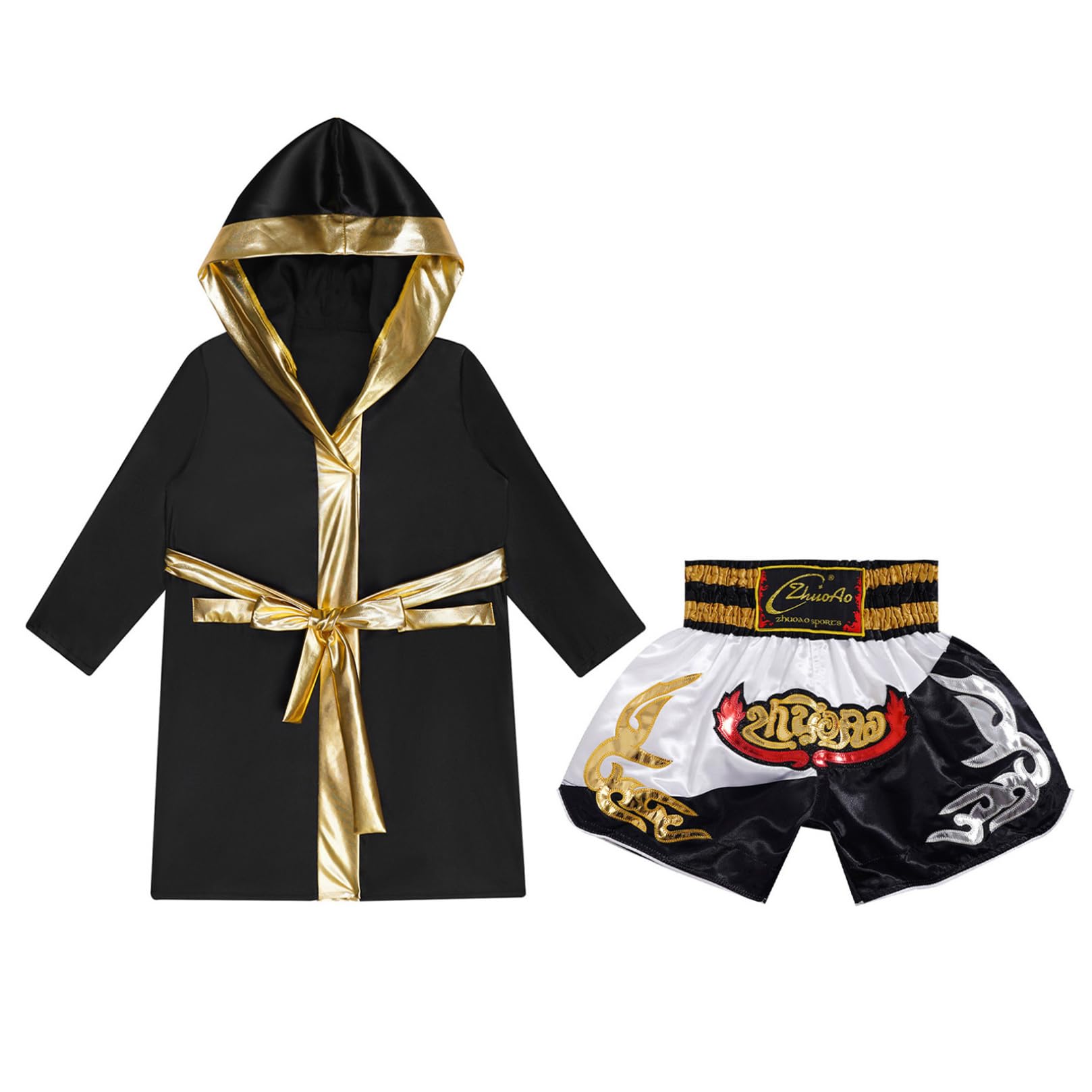ranrann Peignoir de Boxe Enfant Garçon avec Short Ensemble de Boxe Muay Thai MMA Kick Boxing Tenue Training Entraînement 5-16 Ans