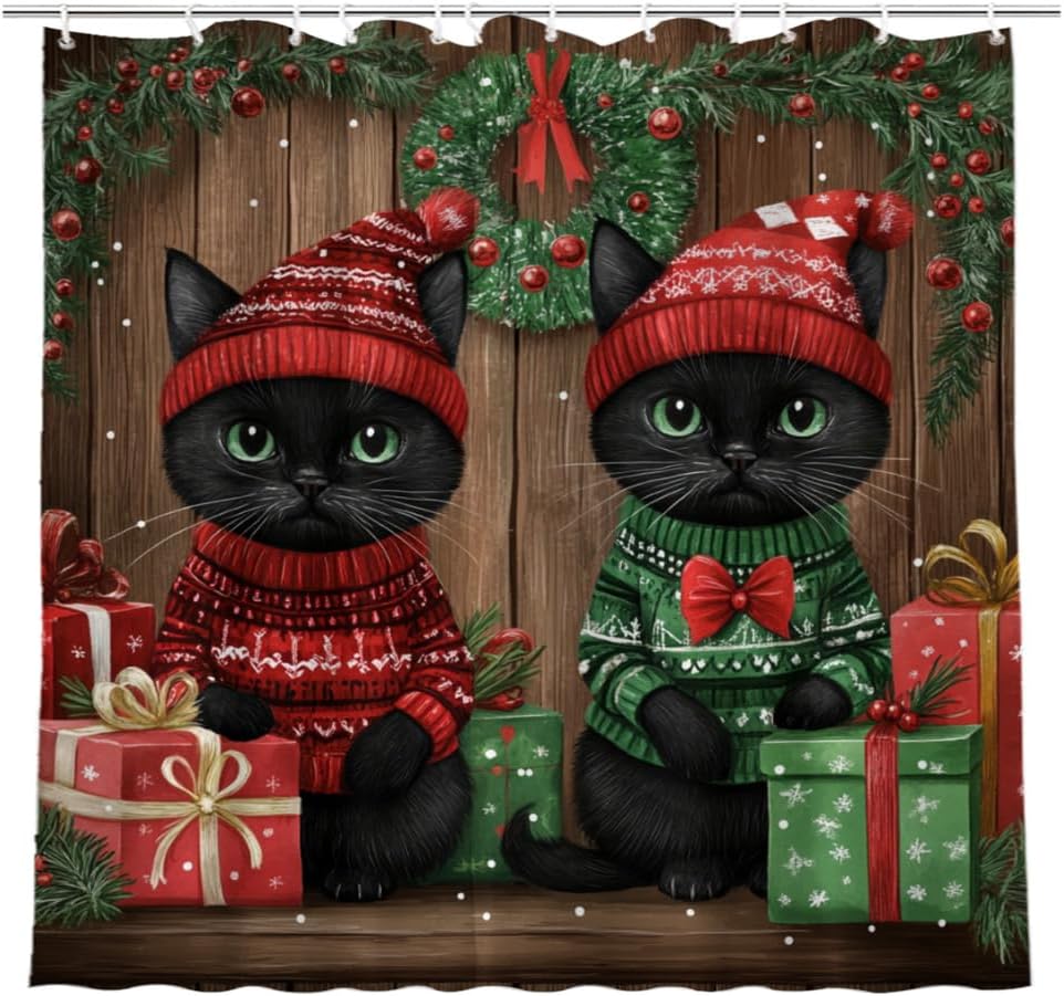 Christmas Black Cat Shower Curtain Animal Funny Snowflake Winter Holiday Festival 72x72(WxH) Inches Bathroom Decor Fabric Curtain with 12 Hooks