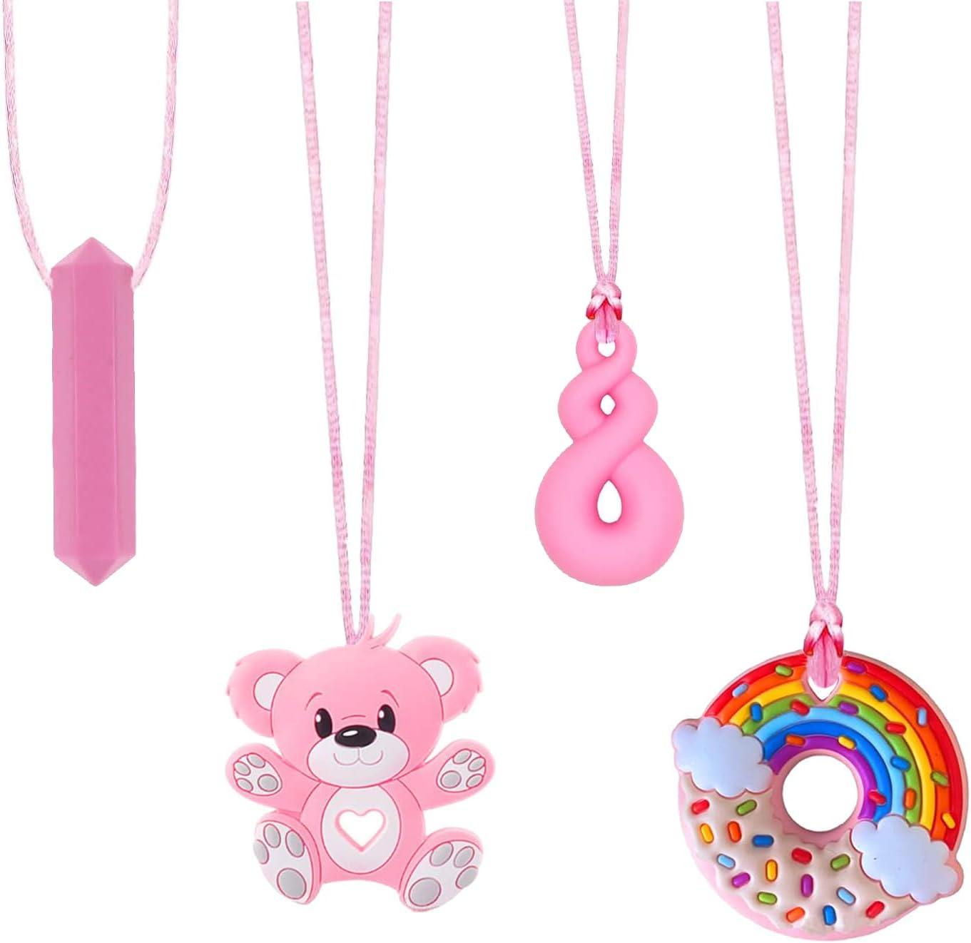 Chew Toys for Autistic Children, 4 Pack Pink Silicone Autism Sensory Chew Necklaces, Chewy Toys for Autism Teether Toy for Boys