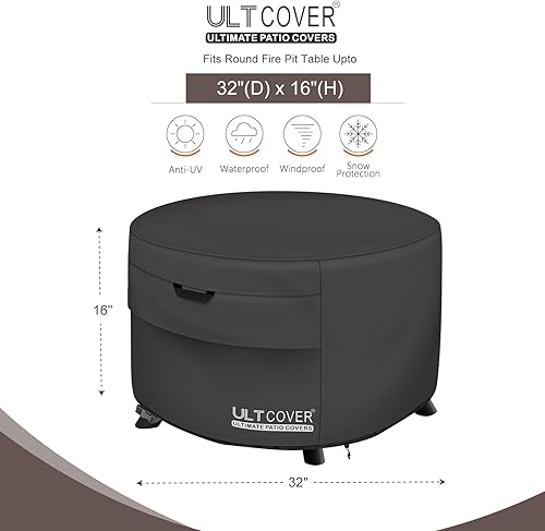 Vista 2 de ULTCOVER Funda para Mesa de Fogata de Patio Redonda de 32 Pulgadas Impermeable para Exteriores Funda para Fogón, Negro
