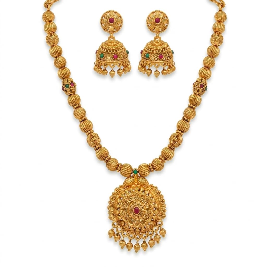 Temple Jewellery Set with Ruby Pendant for Women | Golden Bead Mala Necklace with Jhumka Earrings | Festive Wedding Party Jewellery | 22k Gold Plated | Just Like Original Gold Jewellery-image-21