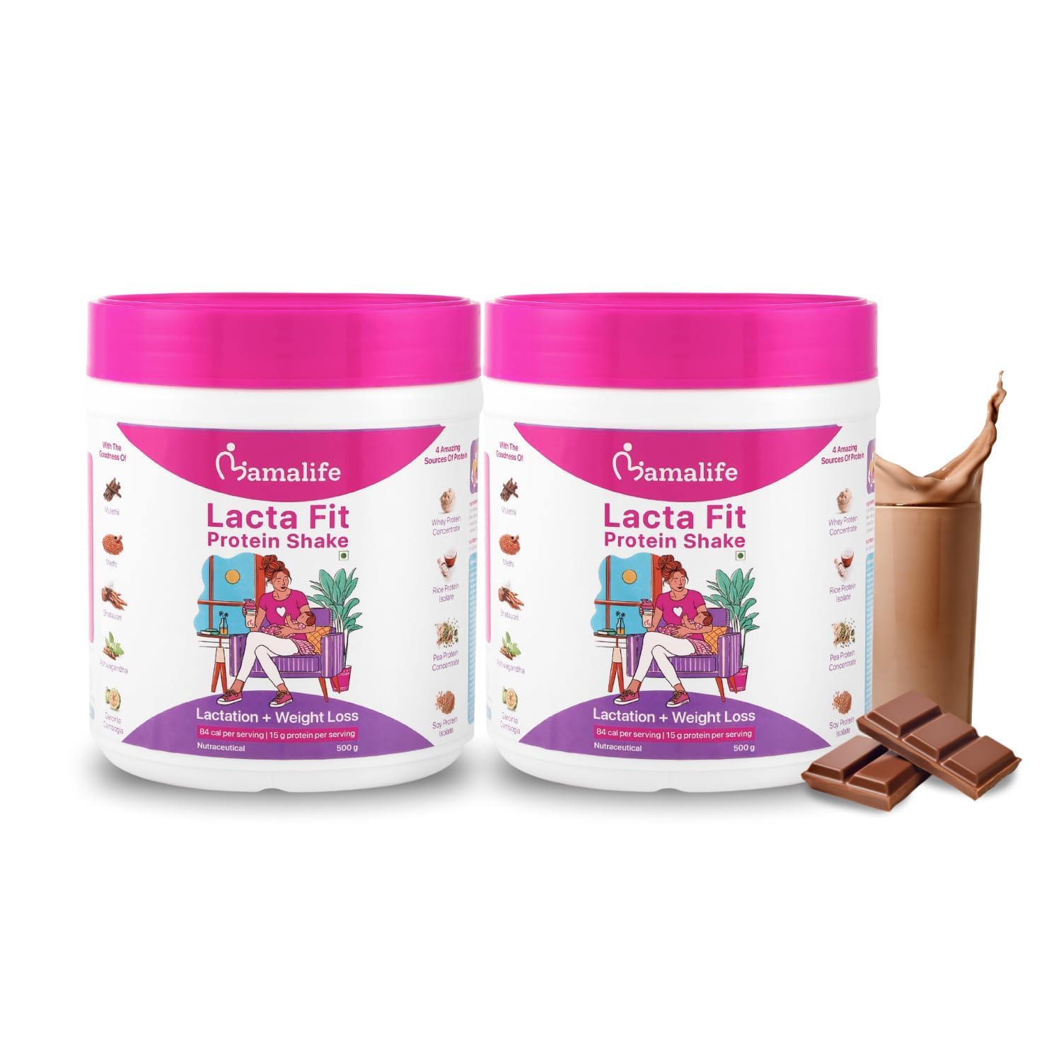 Mamalife Lacta Fit Protein Powder Shake for Breastfeeding Mothers. Supports Postpartum Weight Loss, Improves Lactation, Reduces Muscle Cramps & Body Pain, Improves Lactation. Whey + Plant Protein Blend. 25 g serving size. Total 1 kg. Pack of 2.